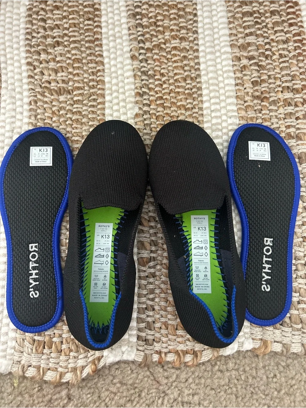 Rothy's Kids Black Slip-On Shoes with Blue Trim